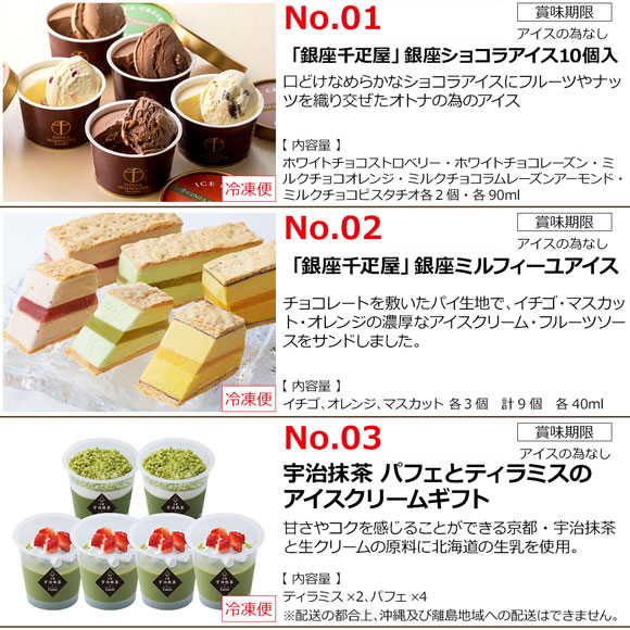 選べるアイスクリーム3種［銀座千疋屋ショコラorベルギーチョコorジャージー牛乳］