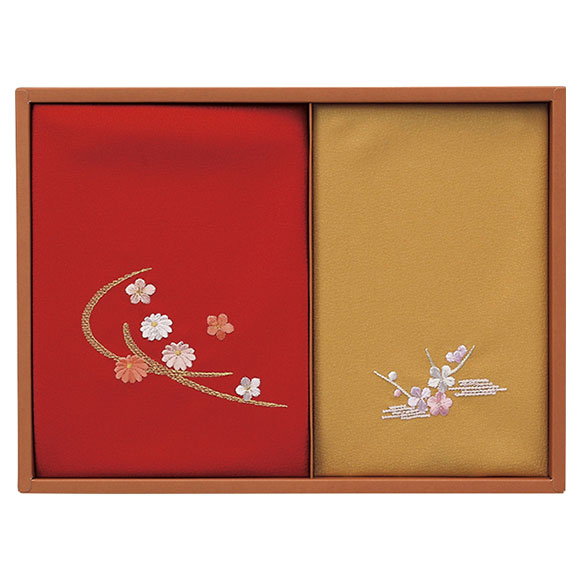 洛北 刺繍入り二巾風呂敷&金封包み 赤/金茶 250-50A