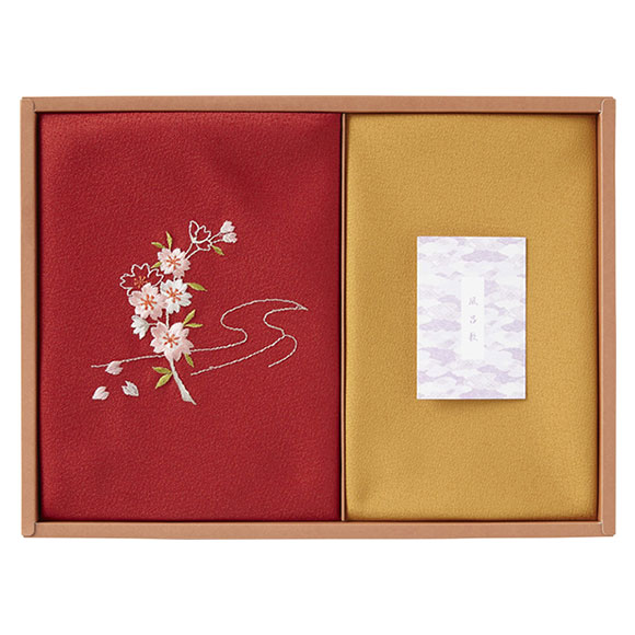 草花の遊び 刺繍入り二巾風呂敷＆金封包み 赤 250-14A