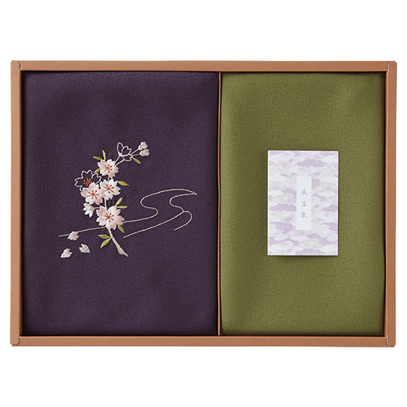  草花の遊び 刺繍入り二巾風呂敷＆金封包み 紫 250-14B