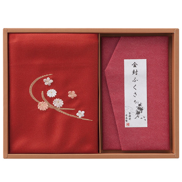 洛北 刺繍入り二巾風呂敷＆金封ふくさ 赤 H023A