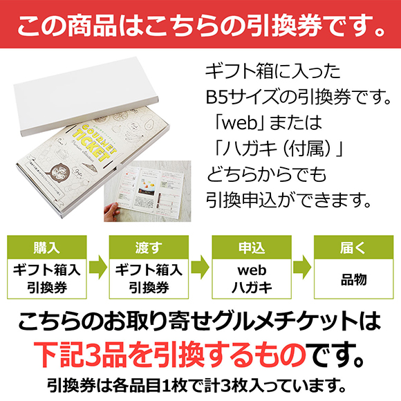 こちらのお取り寄せグルメチケットは下記3品を引換するものです。引換券は各品目1枚で計3枚入っています。
