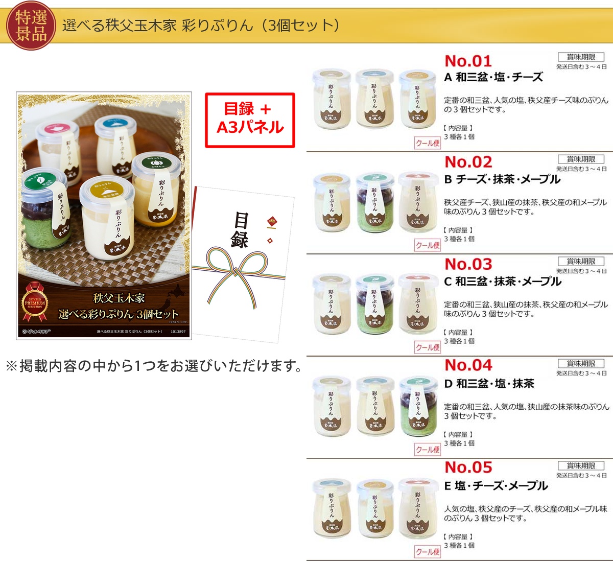 スイーツがたくさん入った【目録引換券・A3パネル】入り40,000円15点景品セット詳細