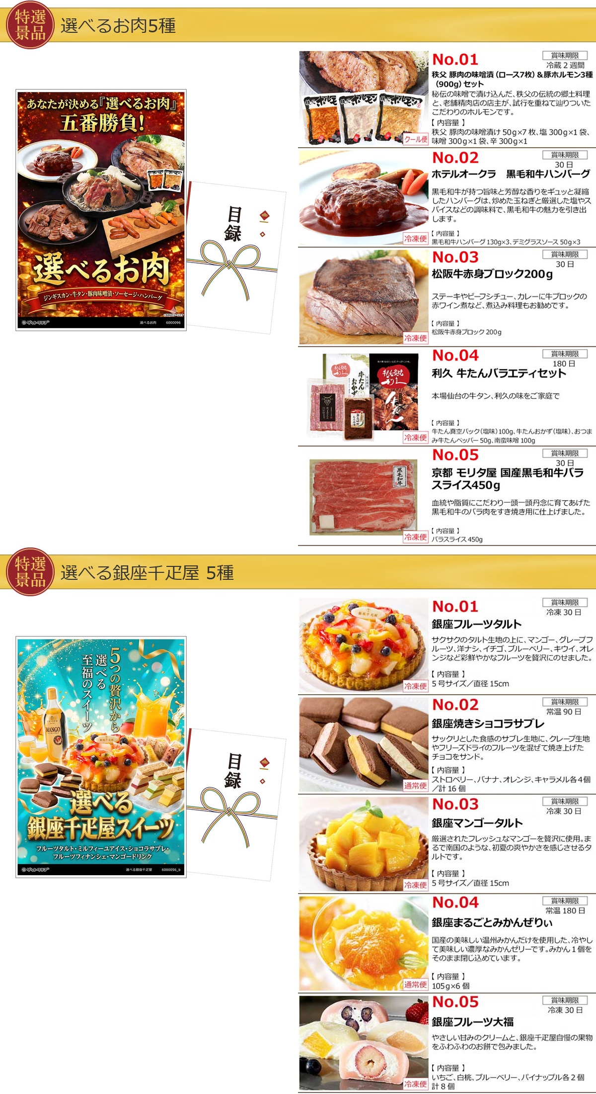 選べるグルメ目録景品2点セット A3パネル付き[お肉・スイーツ]A003詳細