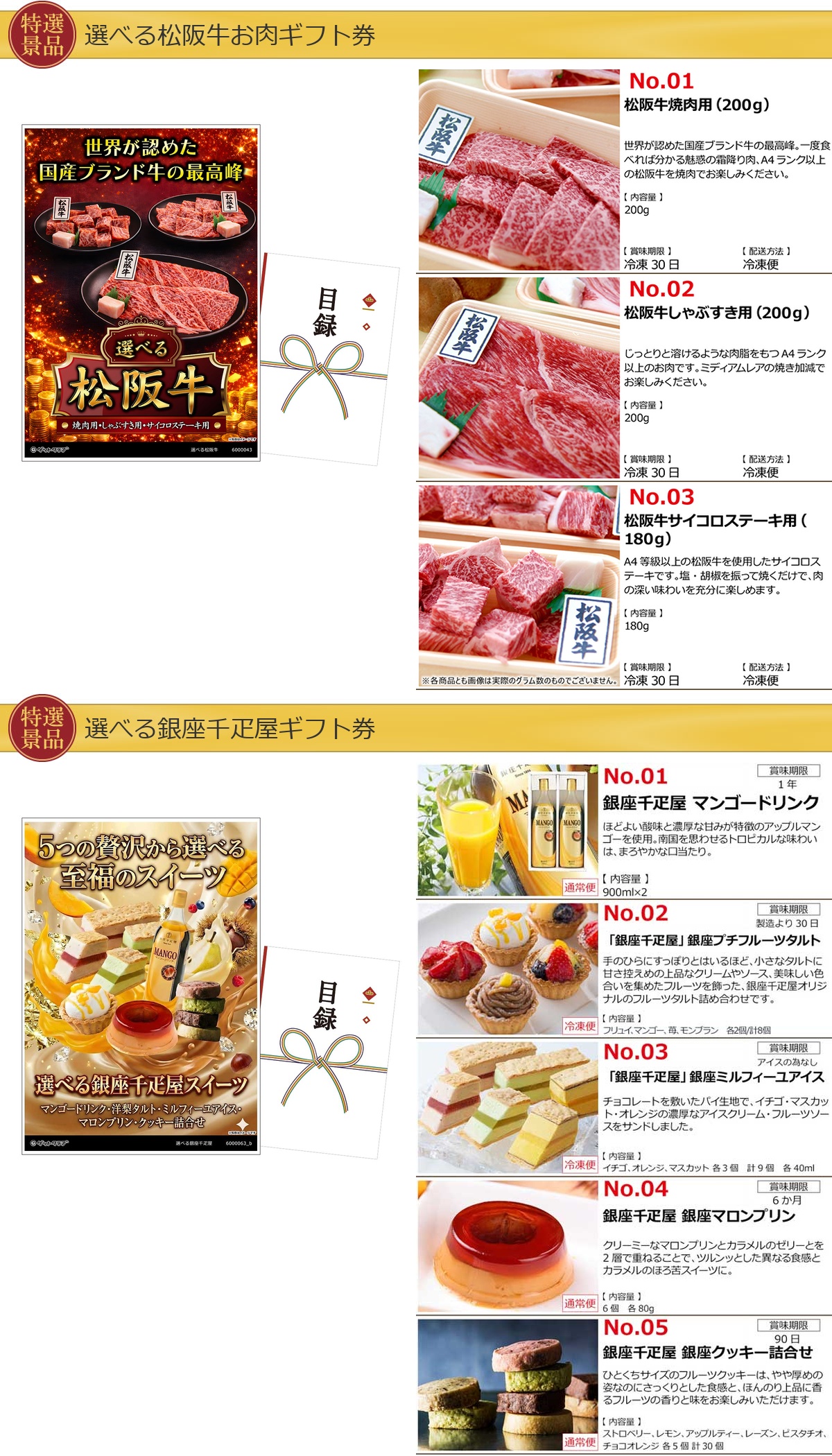 選べるグルメ目録景品2点セット A3パネル付き[お肉・スイーツ]A006詳細