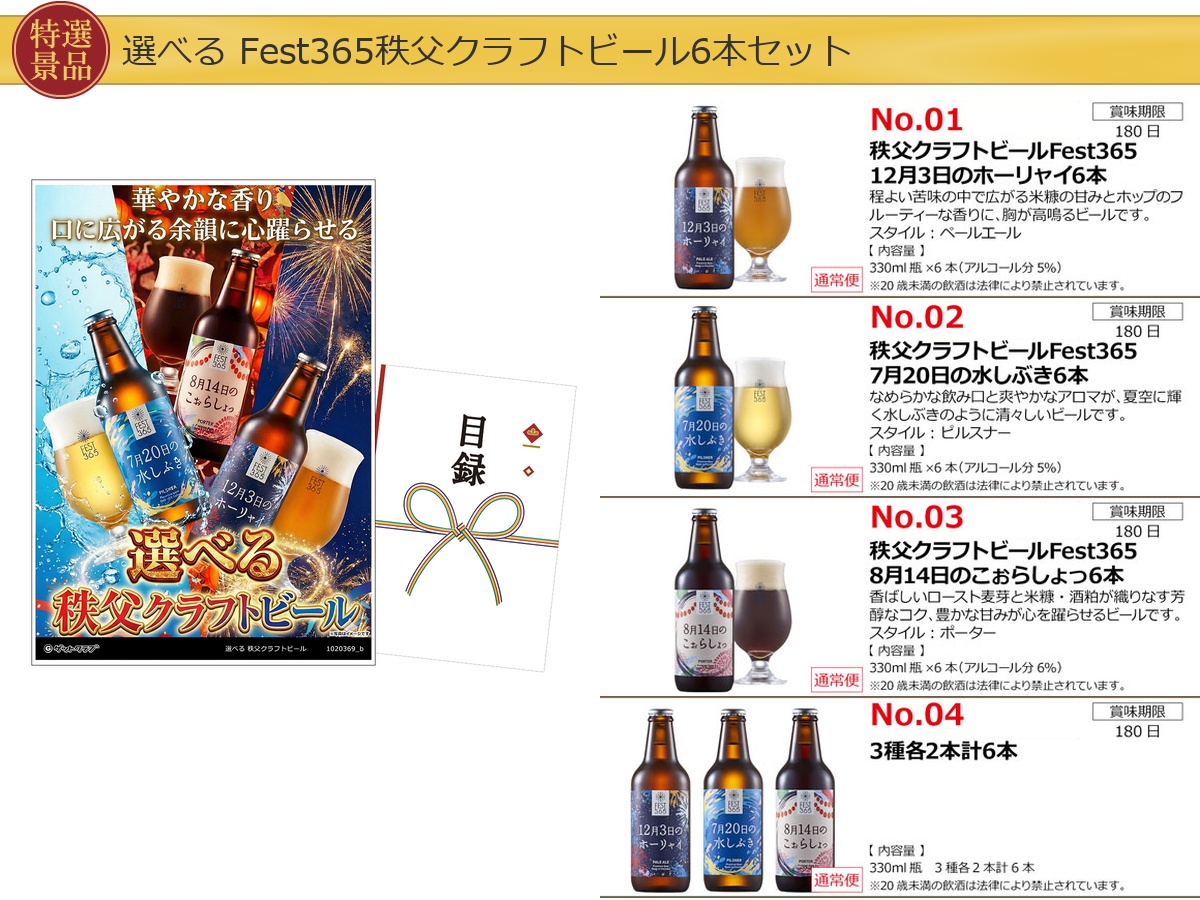 選べるグルメ目録景品3点セット A3パネル付き[海産物・肉・秩父ビール]B006詳細
