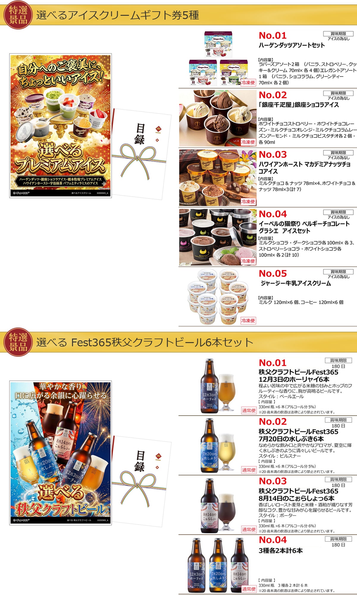 選べるグルメ目録景品4点セット A3パネル付き[海産物・お肉・アイス・秩父ビール]C008詳細