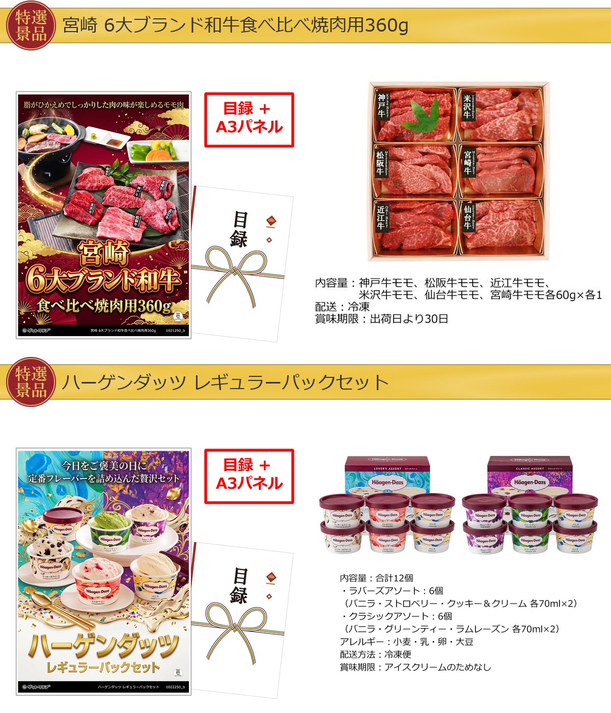 グルメ目録景品2点セット A3パネル付き[6大ブランド和牛・ハーゲンダッツ]A051詳細