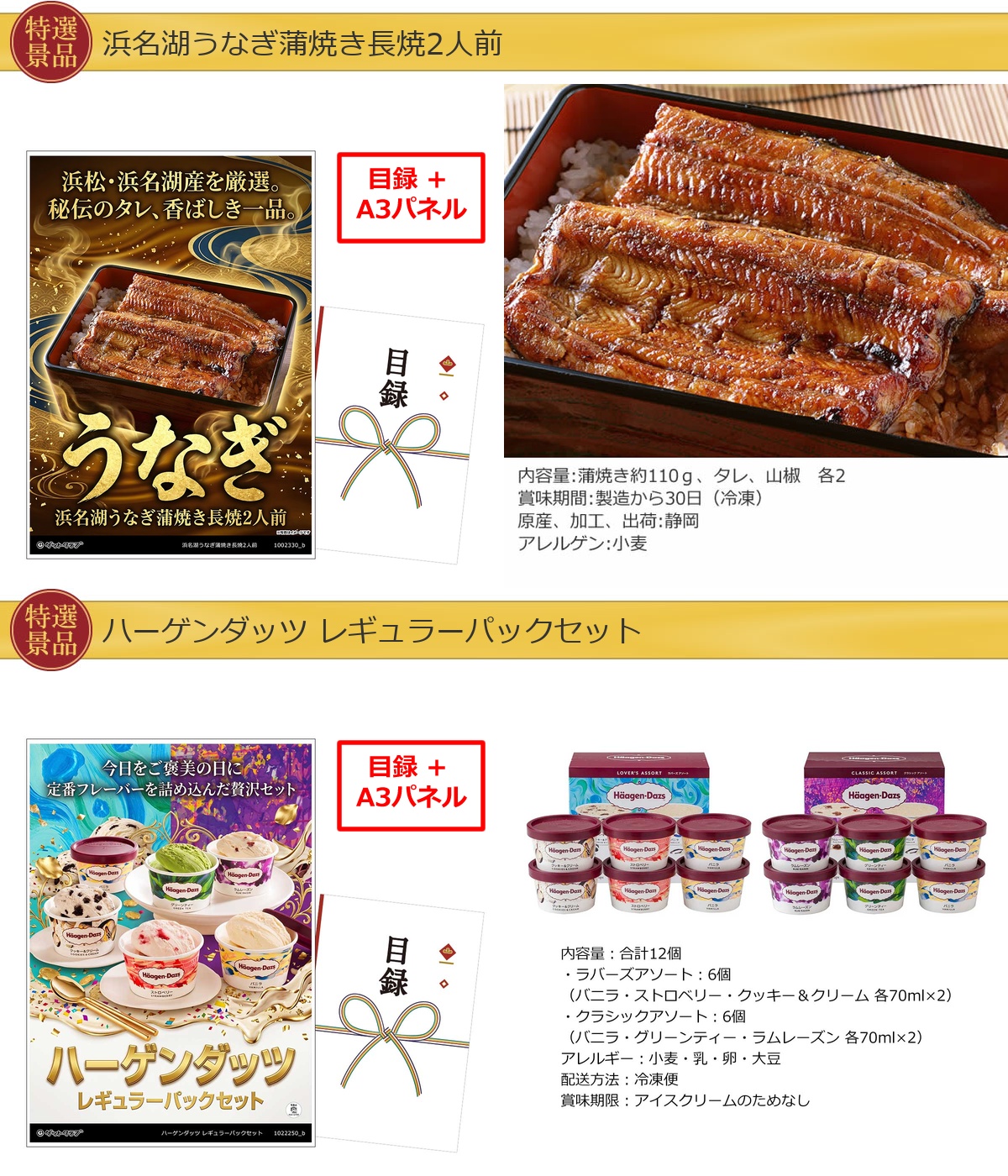 グルメ目録景品2点セット A3パネル付き[うなぎ・ハーゲンダッツ]A055詳細