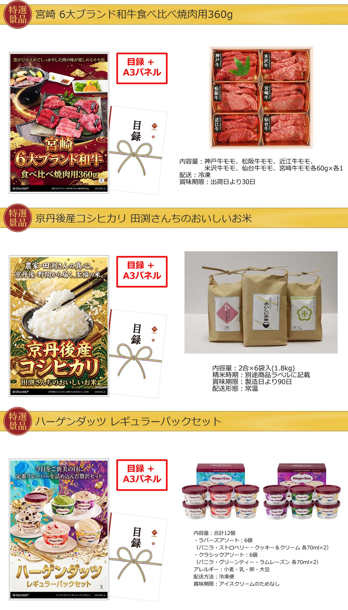 グルメ目録景品3点セット A3パネル付き[和牛・米・ハーゲンダッツ]B048詳細