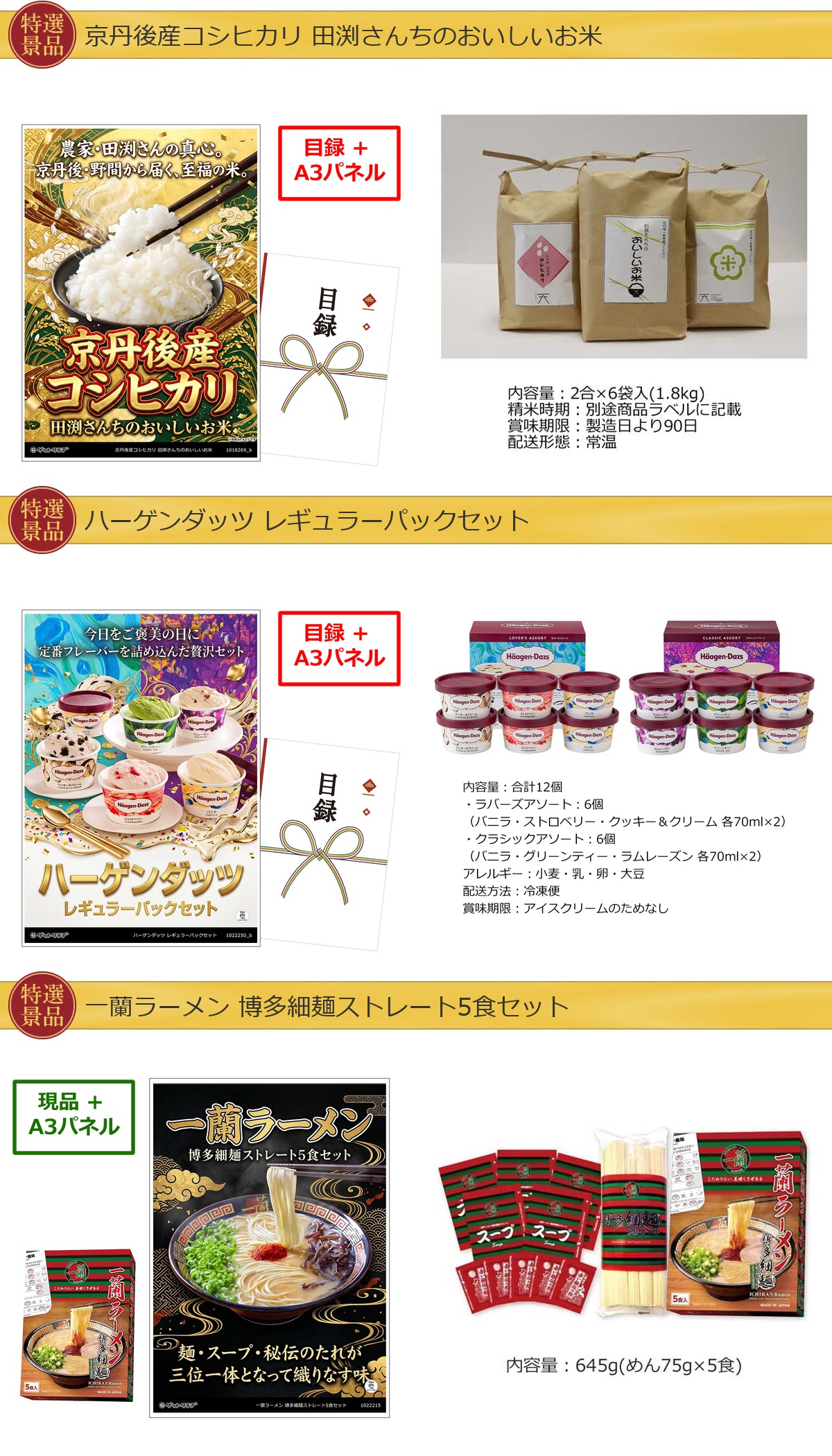 グルメ 6点景品セット A3パネル付 [鰻・松阪牛・米・ハーゲンダッツ・一蘭・カレー]E045詳細