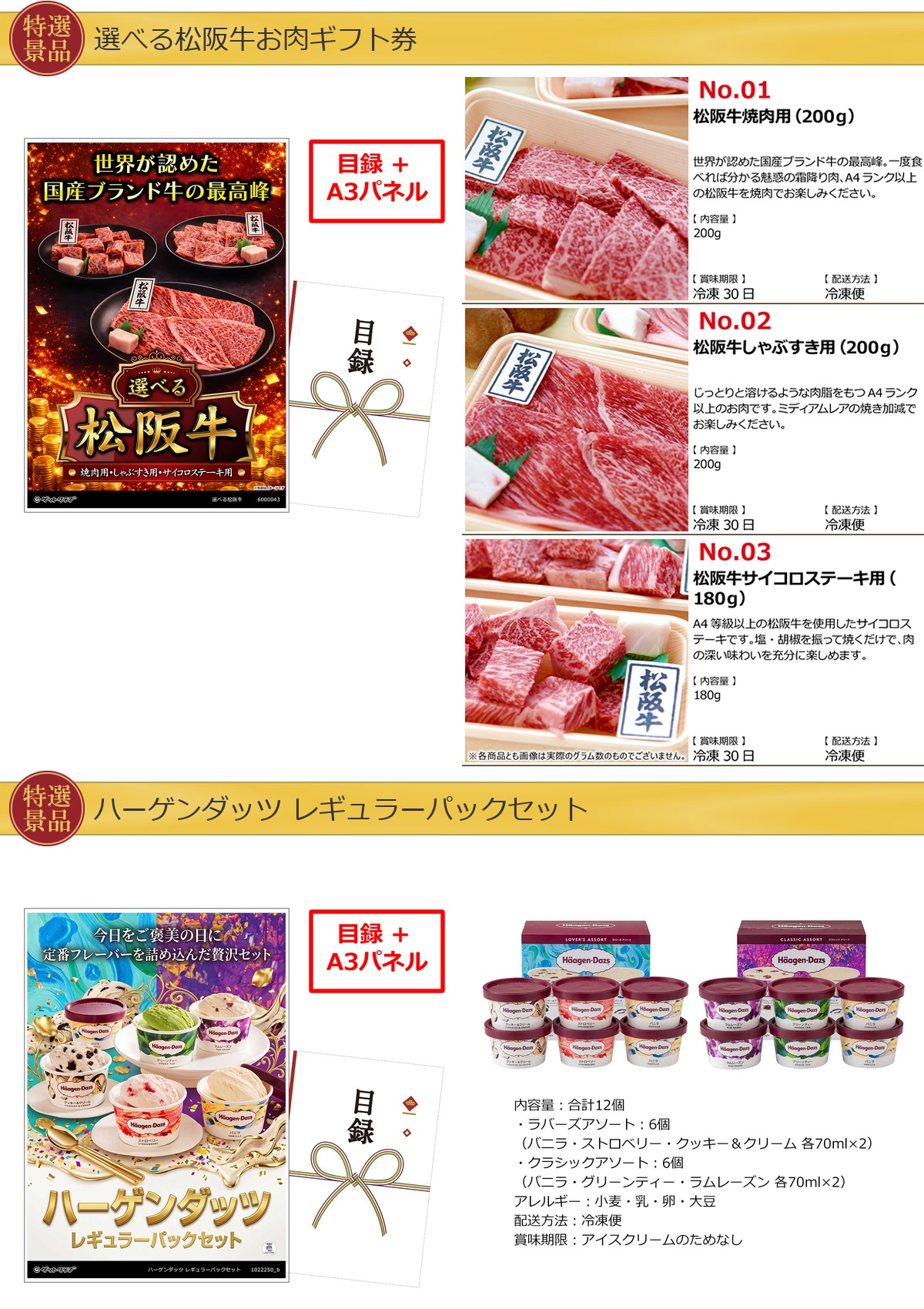 グルメ 6点景品セット A3パネル付 [松阪牛・ハーゲンダッツ・惣菜・一蘭・鮭・スターバックス]E048詳細