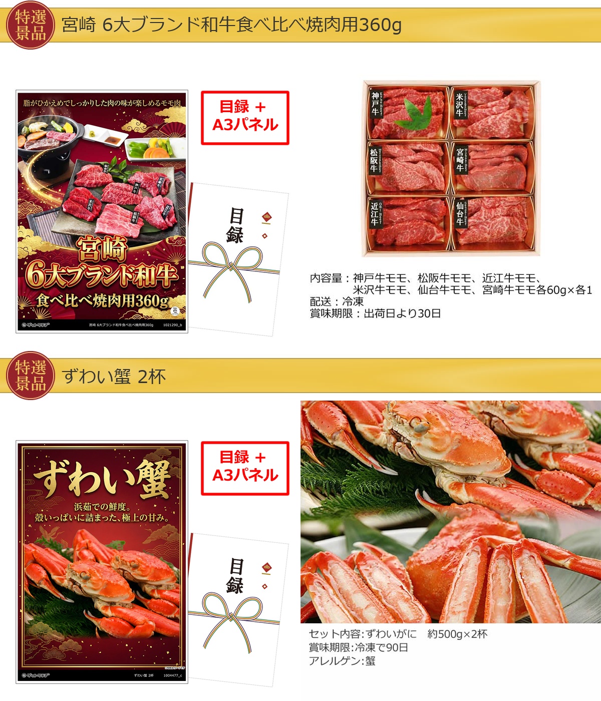 グルメ 10点景品セット A3パネル付 [和牛・蟹・松阪・タルト・ハーゲンダッツ・スターバックス]I028詳細