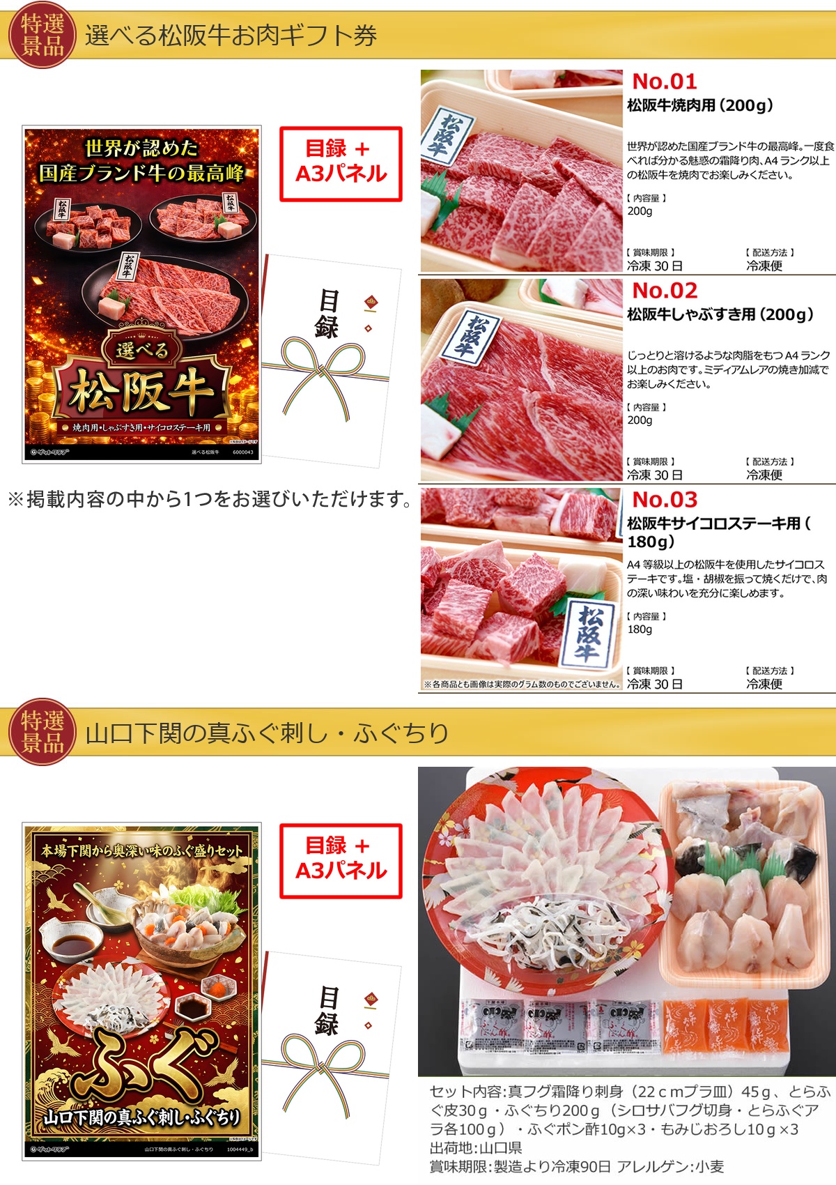 厳選グルメ 2点景品セット ◆A3パネル付き [松阪牛・ふぐ]A064詳細